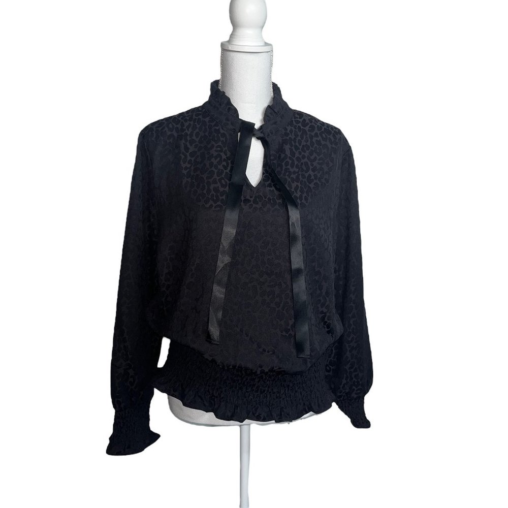 G.I.L.I. Animal Jacquard Woven Top with Smocked Waist and Cuff Detail